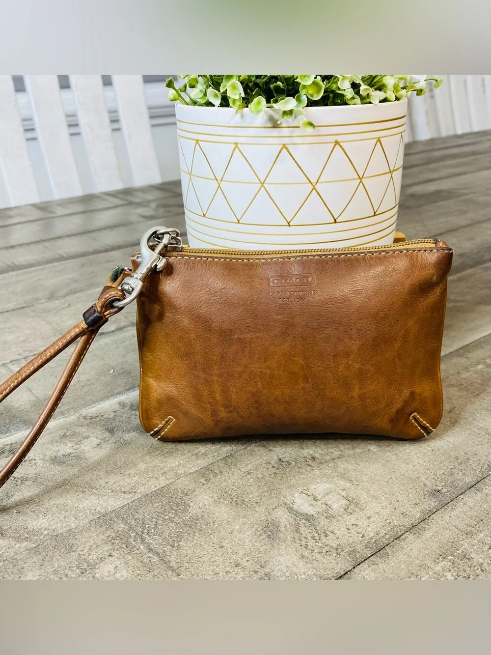 Coach Vintage Leather Wristlet Pouch Tan Zip Closure Adjustable Strap
